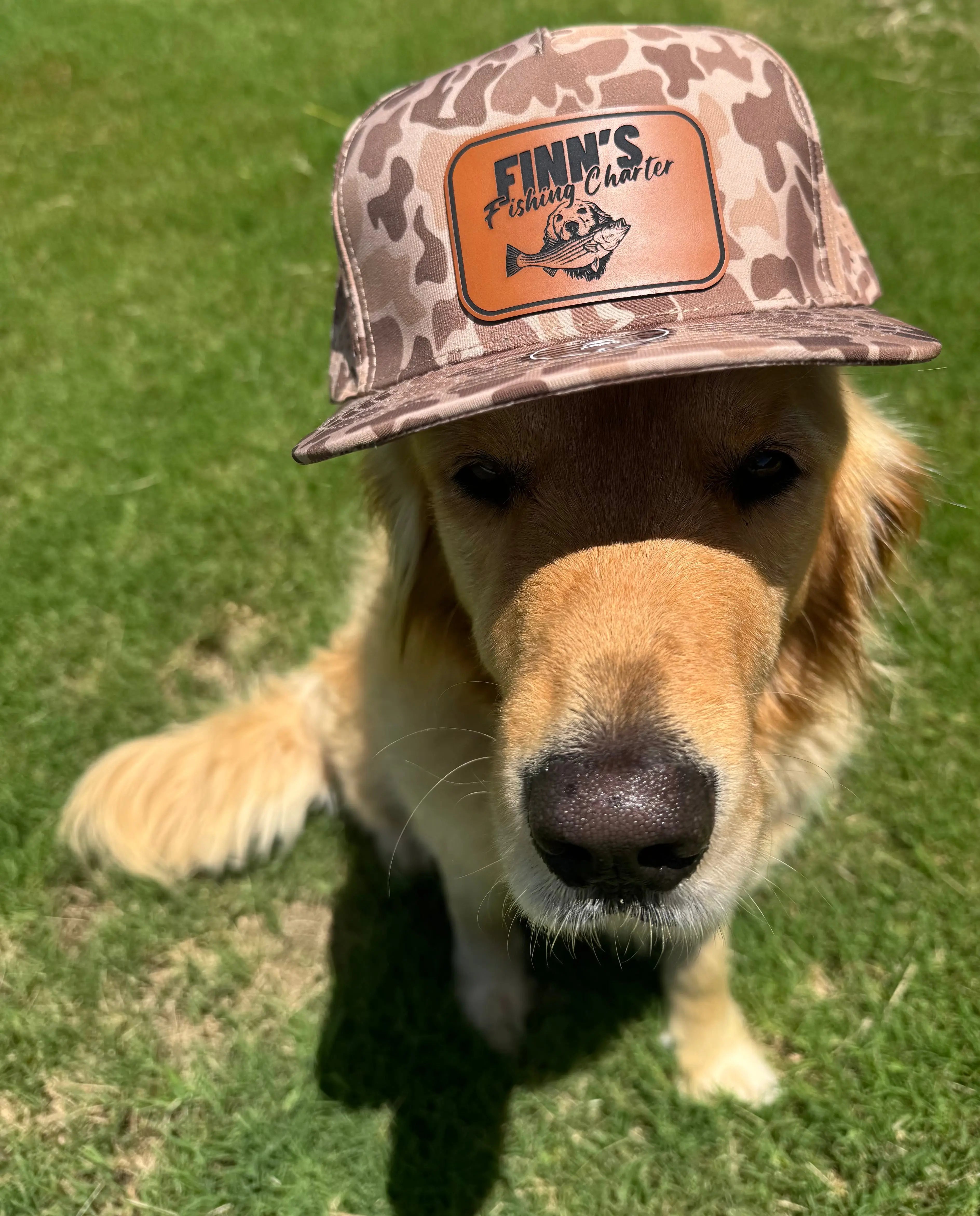 Original Finns Light Wood Camo Leather Logo Blackhawk Trucker Hat Finn's Fishing Charter